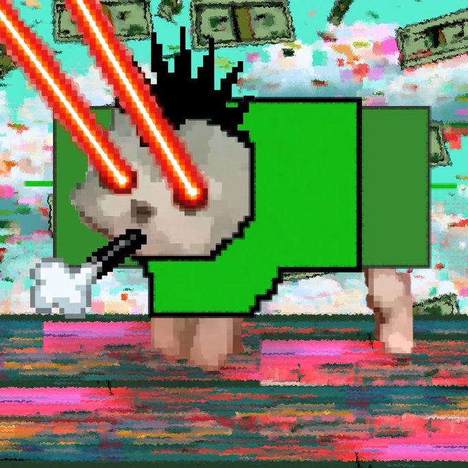 A pixelated, distorted figure with glowing red laser eyes, spiky black hair, and a green rectangular body stands against a chaotic, glitchy background of fragmented dollar bills and vivid pink/magenta hues, visually embodying the "very low quality" nature of the image with its crude rendering and visual corruption.
