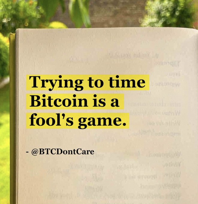 An image of an open book with the highlighted quote 'Trying to time Bitcoin is a fool's game.' attributed to @BTCDontCare.