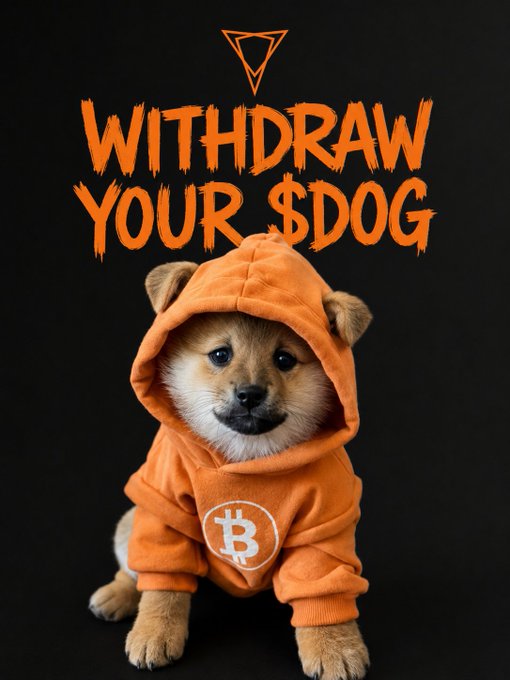 An adorable Shiba Inu puppy wearing an orange Bitcoin hoodie sits beneath the bold orange text "WITHDRAW YOUR $DOG" and a triangular logo, visually reinforcing the post's message about self-custody and moving $DOG off centralized exchanges.