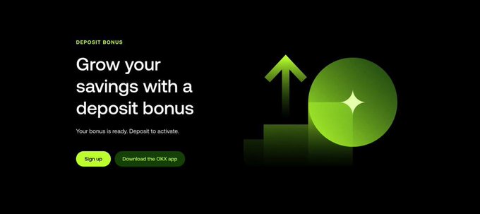 A dark-themed promotional banner reads 'DEPOSIT BONUS - Grow your savings with a deposit bonus' with 'Sign up' and 'Download the OKX app' buttons, alongside a green graphic of an upward arrow on ascending bars and a glowing circle.