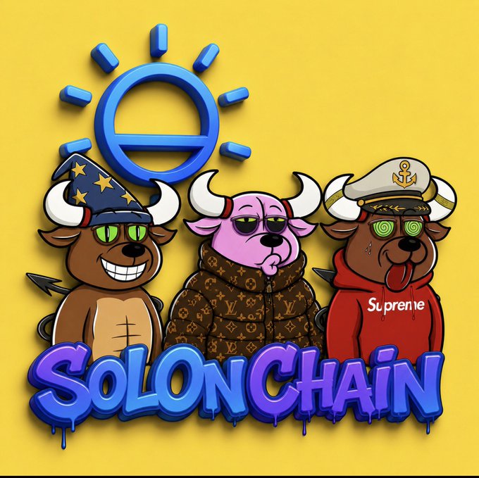 A cartoon graphic featuring three horned bull characters wearing a wizard hat, Louis Vuitton jacket, and Supreme hoodie, with 'SOLONCHAIN' text at the bottom and a blue logo above.