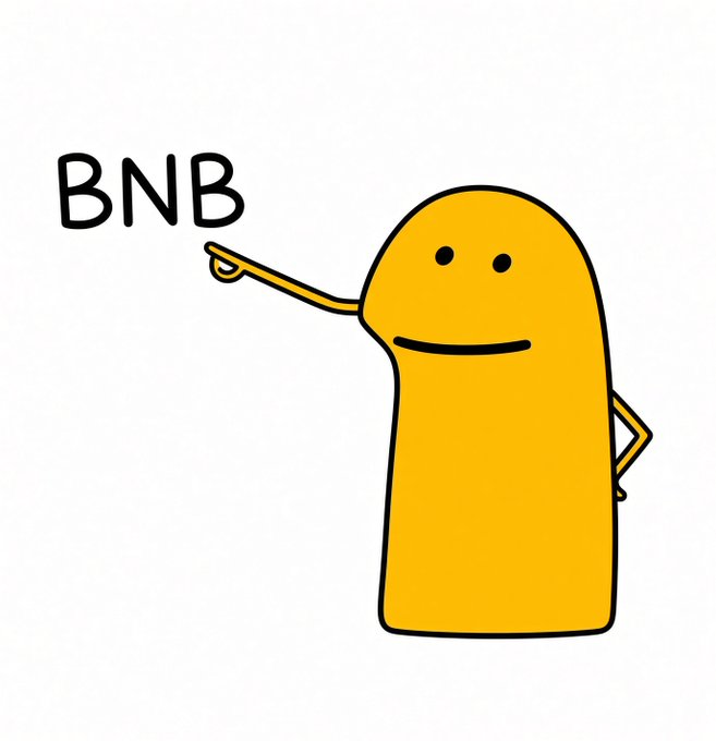 A simple cartoon drawing of a yellow blob character pointing at the text "BNB".