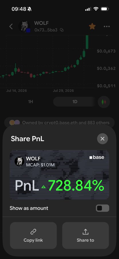 A mobile trading app screen showing a token named WOLF with a 'Share PnL' popup displaying a +728.84% gain.