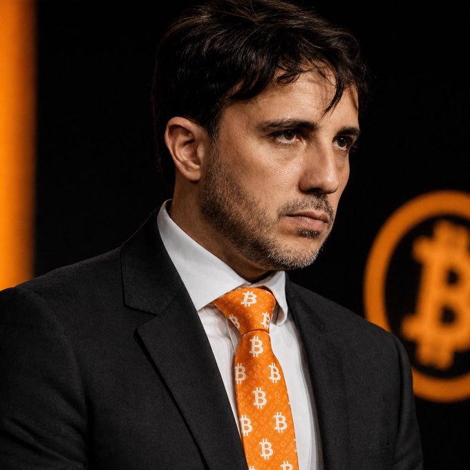 A man wearing a dark suit, white shirt, and an orange tie patterned with the Bitcoin 'B' logo, standing in front of a Bitcoin logo backdrop.