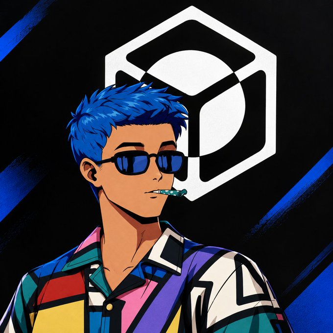 A stylized digital illustration features a character with bright blue hair, dark sunglasses, and a colorful geometric-patterned shirt, smoking a cigarette, set against a black background with diagonal blue accents and the white Nucleus hex-and-circle logo prominently displayed behind the figure—visually echoing the post's focus on Nucleus' unified, simplified onchain infrastructure approach.