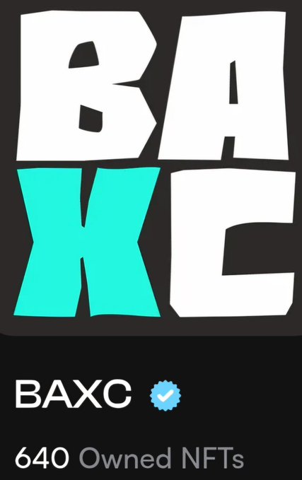 A digital logo for 'BAXC' featuring bold white and cyan letters on a black background, with the text '640 Owned NFTs' displayed below.
