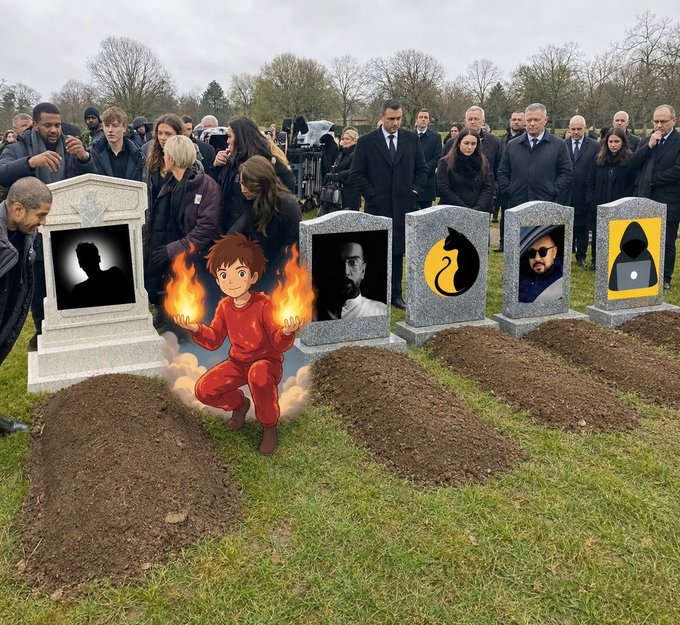 A surreal meme image showing a funeral gathering around graves with profile photo placeholders, featuring an animated character in red conjuring flames at one of the graves.