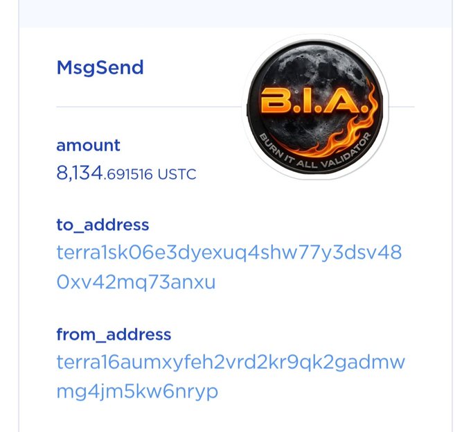 A digital transaction record shows a MsgSend of 8,134.69156 USTC from address terra16aumxyfeh2vrd2kr9qk2gadmwmg4jm5kw6nryp to terra1skO6e3dyexuq4shw77y3dsv480xv42mq73anxu, alongside a B.I.A. 'Burn It All Validator' badge.