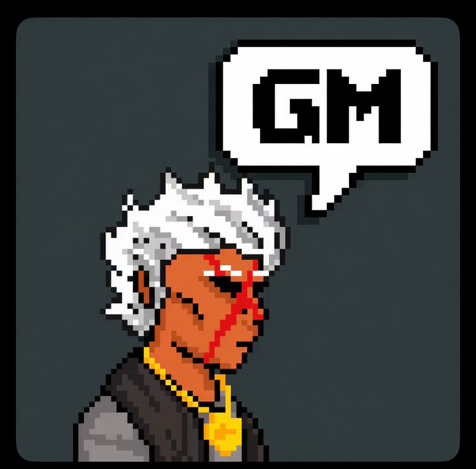 A pixel art illustration of a dark-skinned character with white hair, a red facial mark, and a gold chain, with a speech bubble containing the text 'GM'.