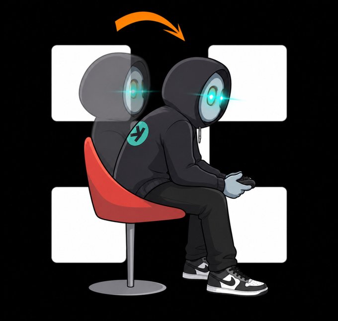 A hooded figure with glowing cyan eyes sits on a red stool holding a gaming controller, with a faded reflection and orange arrow indicating movement, set against a black background with white squares. The "X" logo on the figure's sleeve references OKX, tying into the post's promotion of backtesting trading strategies on the platform.
