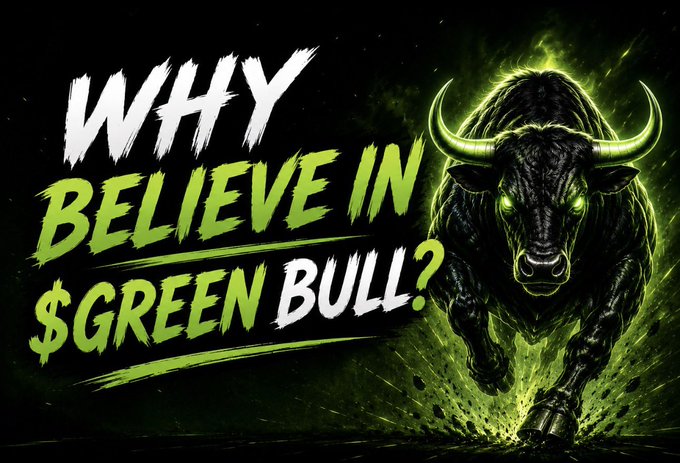 Bold text reads "WHY BELIEVE IN $GREEN BULL?" against a black background featuring a charging green-glowing bull with glowing eyes.