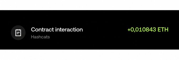 A digital notification card on a black background showing a clipboard icon with the text 'Contract interaction' and 'Hashcats', alongside a green transaction value of '+0,010843 ETH'.