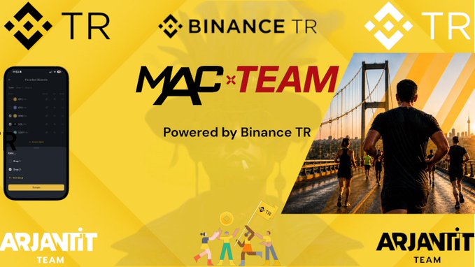 Promotional banner for "MAC Team Powered by Binance TR," featuring the Binance TR logo, an image of runners on a bridge, a mobile app screenshot, and "Arjanit Team" branding, highlighting the year-long collaboration with Turkey's MACTeam Runners community to organize 50+ events.