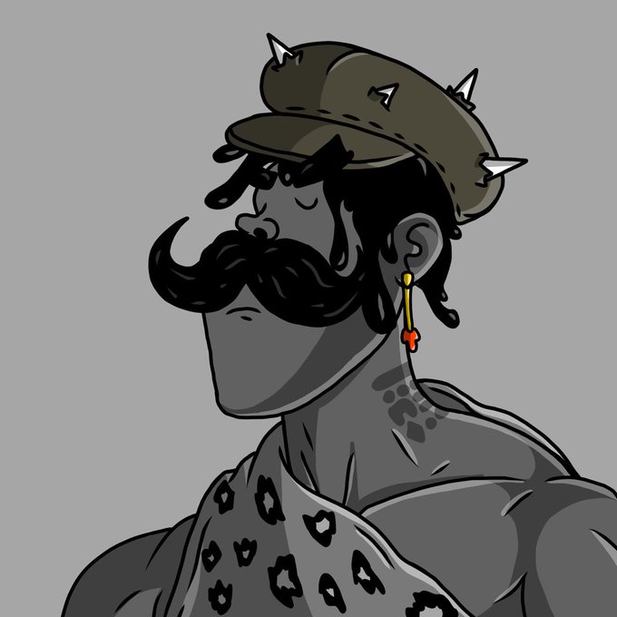 A digital illustration of a muscular figure with dark skin, a large black mustache, a spiked olive-green military-style cap, a leopard-print sash, and a dangling cross earring, set against a gray background.