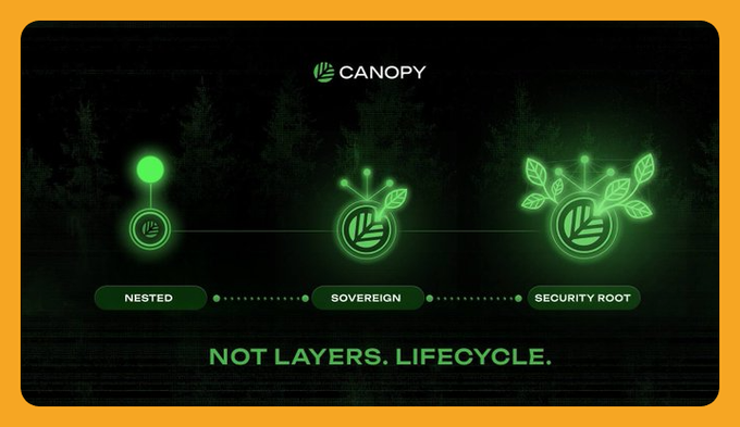 A digital graphic titled 'CANOPY' showing a three-stage lifecycle: 'NESTED', 'SOVEREIGN', and 'SECURITY ROOT', with the tagline 'NOT LAYERS. LIFECYCLE.'