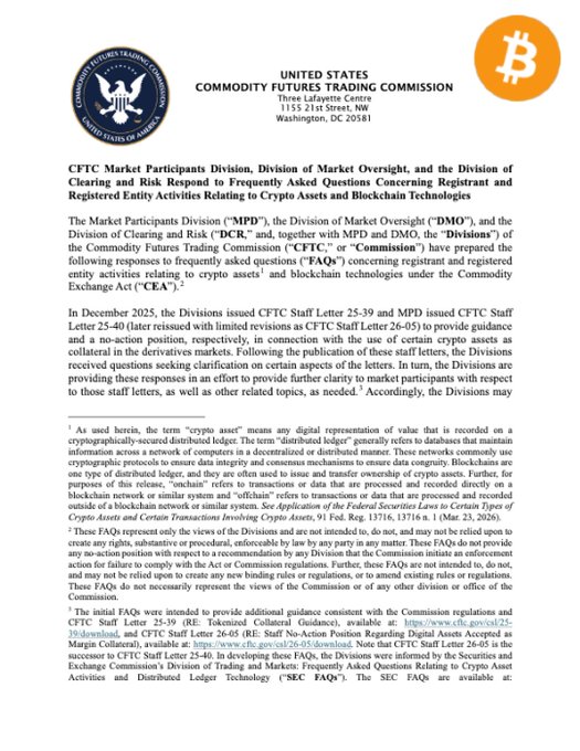 A CFTC (Commodity Futures Trading Commission) staff letter dated December 2025, addressed to the Market Participants Division, Division of Market Oversight, and Division of Clearing and Risk, providing answers to frequently asked questions (FAQs) regarding registrant and registered entity activities related to crypto assets and blockchain technologies under the Commodity Exchange Act (CEA). The letter updates previous guidance on using crypto assets as collateral in derivatives markets, as reflected in the Bitcoin logo in the corner.