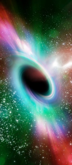 A black hole is surrounded by a swirling, colorful nebula of green, pink, and purple against a starry space background.