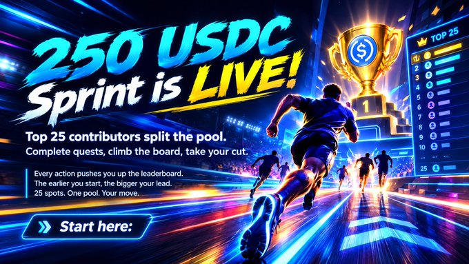 A promotional banner for a '250 USDC Sprint is LIVE!' campaign, stating 'Top 25 contributors split the pool. Complete quests, climb the board, take your cut,' featuring a runner racing toward a golden trophy on a leaderboard.