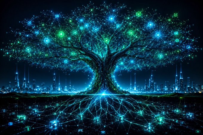 A futuristic digital artwork depicting a glowing tree with blue and green lights, connected by a network of nodes above a city skyline, symbolizing technology and connectivity.