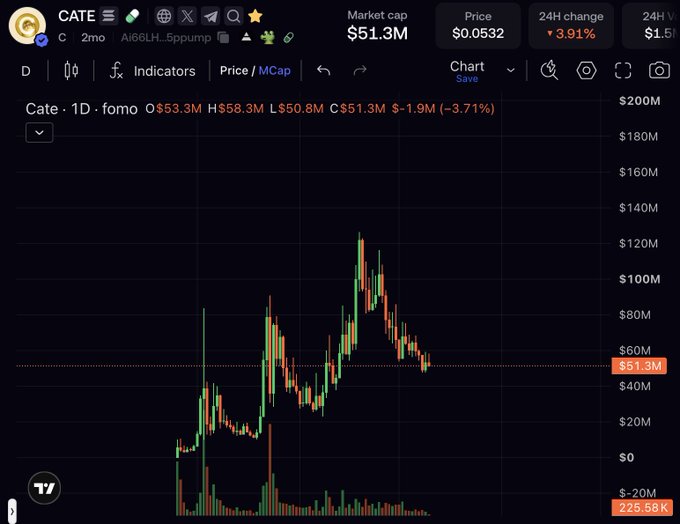 A TradingView daily chart for the CATE memecoin (ticker shown in top-left with $51.3M market cap, $0.0532 price, and -3.91% 24H change), displaying recent price action peaking around $130M market cap before correcting back to the current $51.3M level on 225.68K volume—supporting the bullish post's claim that the bottom is in with another leg toward $200M ahead.