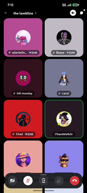 The image shows a Discord voice channel called "the lambline" with eight participants (adartls0x..., Baeye EVM, bill monday, carol, Chad EVM, Cha0sWalk3r, and two others), reflecting the post about joining the @monad Discord space. The interface displays typical Discord voice channel elements with user avatars and EVM tags, matching the context of the user announcing their participation in the calm Monad space.