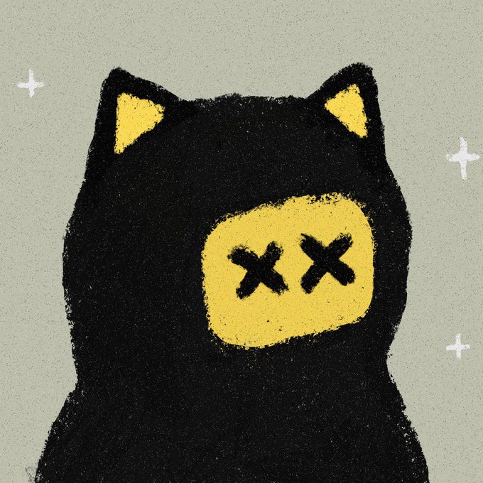 An illustration of a black cat with yellow ears and a yellow face patch featuring black X's for eyes.
