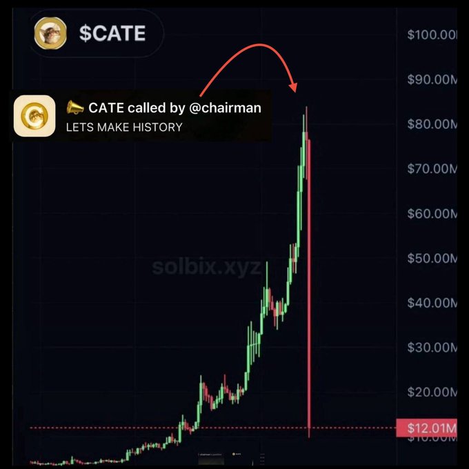 A candlestick chart of $CATE shows a sharp vertical spike to roughly $85M market cap followed by an immediate crash back down to around $12M, with an overlaid call-out reading "CATE called by @chairman — LETS MAKE HISTORY" pointing to the peak, illustrating the rug-pull moment referenced in the post.