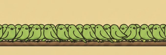 A cartoon illustration of a row of identical green parakeets perched side by side on a brown branch against a pale yellow background.