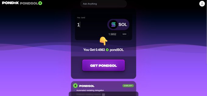 A screenshot of the PONDx PONDSOL website showing a token swap interface where 1 SOL yields 0.4563 pondSOL, with a 'GET PONDSOL' button and a 15% APY automated restaking delegation offer.