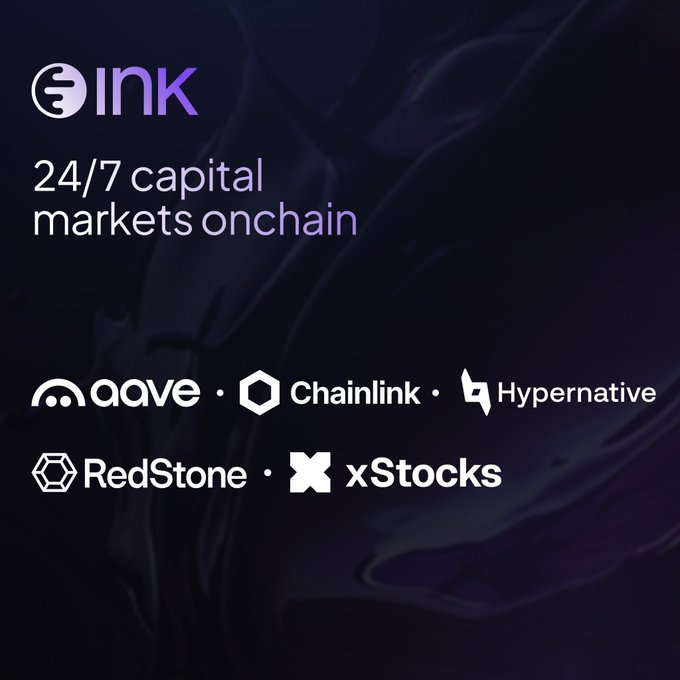 A promotional graphic for 'INK' advertising '24/7 capital markets onchain' with logos for Aave, Chainlink, Hypernative, RedStone, and xStocks on a dark purple background.
