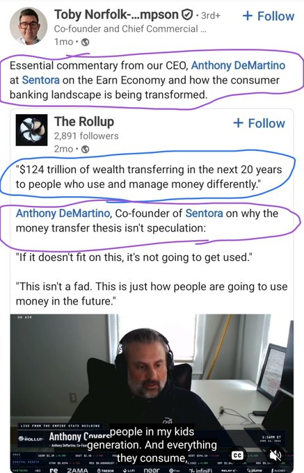 A LinkedIn post from Toby Norfolk... Thompson resharing The Rollup, highlighting quotes about '$124 trillion of wealth transferring in the next 20 years to people who use and manage money differently' from CEO Anthony DeMartino of Sentora.