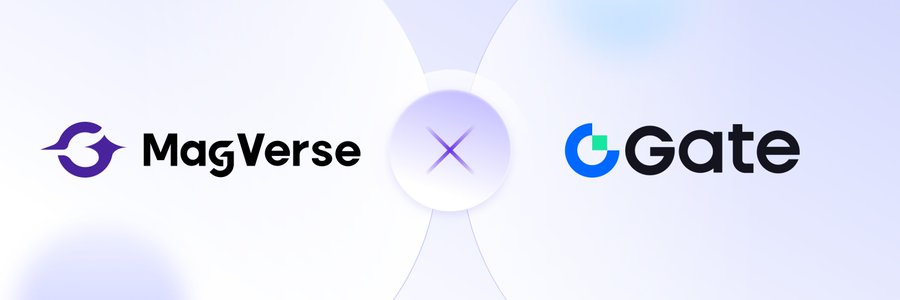 The image features a banner with two logos side by side. The first logo is a purple circle with an x through it, representing "Magverse", while the second logo is a blue square with a white border, representing "Gate". Both logos are in black against a light brown background. Below these logos, there's text that reads: "Gate' s got another new event to farm— come join me in grabbing some braised pork rice! The market'S been stuck in a sideways rut these past couple days, and sentiment in the secondary market seems pretty low".