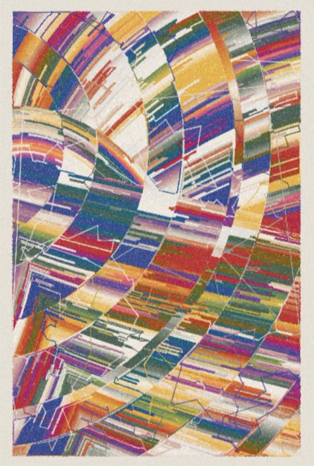 Vibrant abstract artwork featuring a dynamic composition of colorful, fragmented linear shapes and geometric patterns in red, blue, yellow, green, and purple hues.