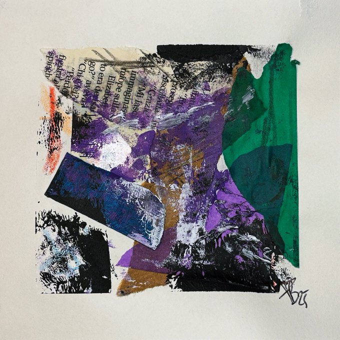 A mixed-media collage artwork features torn newspaper fragments, smeared purple and green paint, and abstract black brushstrokes on a white background, signed "ABC" in the corner. The piece, titled "Syntax Fragment," visually embodies the description of crumbling language by incorporating fragmented Spanish text ("en realidad," "uno no puede estar," "las imposibilida[des]") amid chaotic painted layers, reflecting the tension between raw emotional expression and broken linguistic structure.