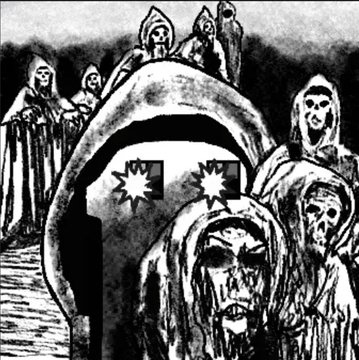 A dark, sketchy black-and-white illustration of hooded, skeletal figures with one prominent figure in the foreground featuring star-shaped eyes.