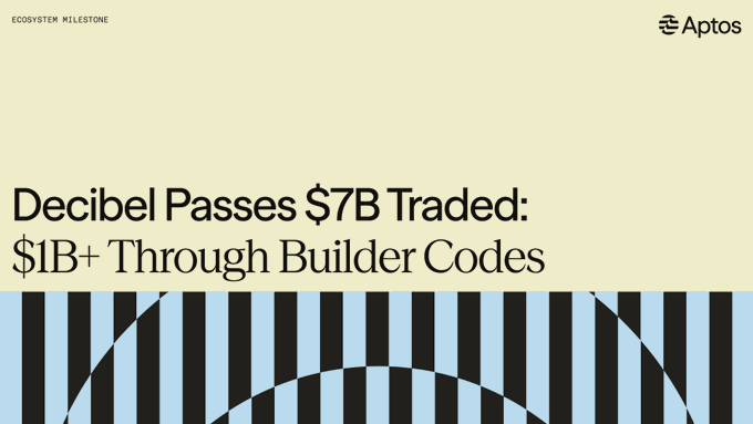 The image is an Aptos blog banner announcing that Decibel has surpassed $7 billion in total trading volume, including over $1 billion routed through Builder Codes, with bold headline text set against a cream background and a black-and-blue barcode-style graphic below. The accompanying post elaborates on how this milestone reflects Decibel's shared orderbook model, where various wallets, frontends, and bots plug in directly while every trade is settled onchain on Aptos and burns $APT, emphasizing unified, non-fragmented liquidity.