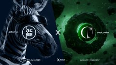The image features a zebra wearing headphones, with a green circle and a black logo in front of it. The background is dark blue, and there are two posts related to the zebra's image. One post says "Learn what' s next on the Noir roadmap", while the other post reads "One month since Noir Wallet went live on mainnet. Set your reminder for the privacy you owned x.com/i/spaces/1Oxwb". The text and logos in the posts are related to a company named "Xeno Hub" that is associated with the zebra's image, suggesting that it might be an advertisement or promotional material for the company.