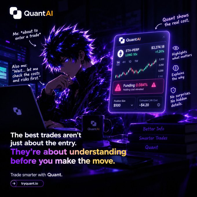 An anime-style man at a laptop next to a 'QuantAI' trading interface showing ETH-PERP LONG 10x, $3,274.18; tagline: 'The best trades aren't just about the entry. They're about understanding before you make the move. Trade smarter with Quant. tryquant.io'.