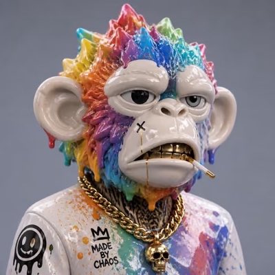 A 3D rendering of a Bored Ape-style NFT monkey with rainbow-colored, dripping fur, wearing gold chains and a white shirt that says 'MADE BY CHAOS' with a smiley face logo.