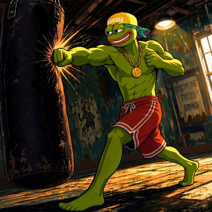 An illustration of a muscular green Pepe the Frog character wearing a yellow 'peezy' cap, red shorts, and a gold 'P' chain, punching a heavy bag in a gritty gym with 'DISCIPLINE FOCUS GRIND' and 'NO PAIN NO GAIN' posters on the wall.