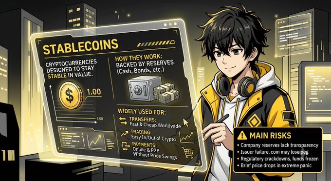 An anime-style infographic featuring a character with black hair and headphones pointing to a holographic screen titled 'STABLECOINS', explaining how they work and their main risks, including details about transfers, trading, and payments.