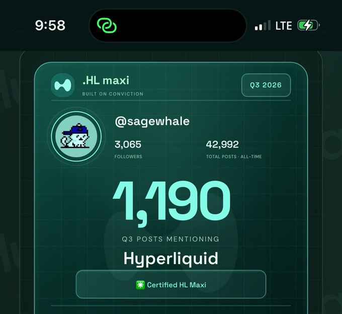 A phone screenshot shows a Hyperliquid HL Maxi profile card for '@sagewhale' with 3,065 followers, 42,992 total posts, and 1,190 Q3 posts mentioning Hyperliquid.
