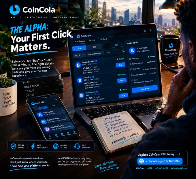 An advertisement for CoinCola's P2P Crypto and Gift Card Trading platform, showing a man looking at the trading interface on a laptop and phone with the tagline 'THE ALPHA: Your First Click Matters'.