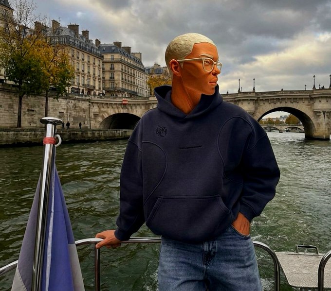 A man in glasses and a dark hoodie stands on a boat beside the Seine in Paris, with a stone bridge and historic buildings in the background.