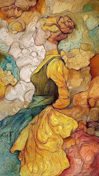 Stylized illustration of a woman with yellow hair in a flowing yellow and green dress, signed by artist 'EBK JR', rendered with swirling topographical line patterns.