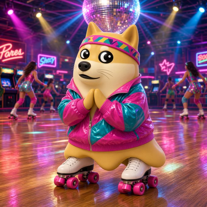 A 3D-rendered cartoon dog wearing a pink and blue jacket and a colorful headband stands on roller skates in a neon-lit disco setting with a disco ball overhead.