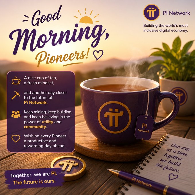 A Pi Network promotional graphic features a purple mug with the Pi logo, accompanied by the text 'Good Morning, Pioneers!' and other motivational messages.