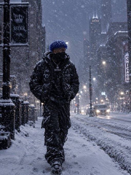 A person with blue hair walks down a snowy city street at night wearing an oversized black 'SSTKR' puffer jacket and face covering, with snowflakes falling around them.