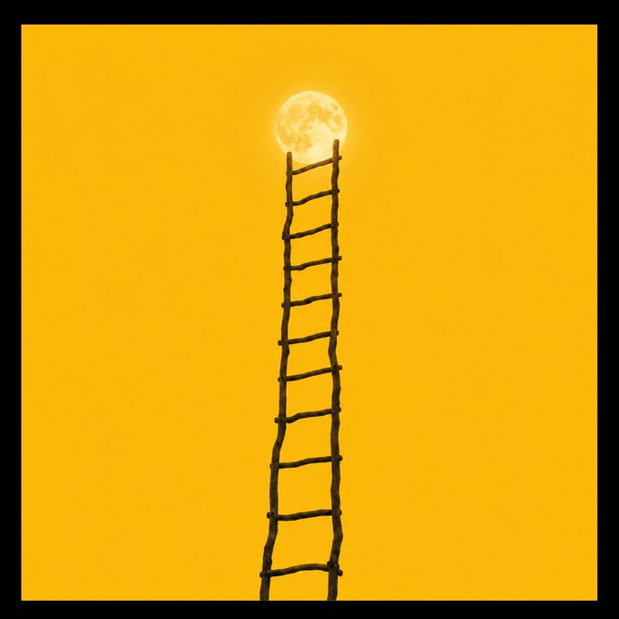 A rustic wooden ladder stretches upward against a golden-yellow sky, reaching toward a glowing full moon, symbolizing the steady climb toward ambitious goals—perfectly complementing the post's "to the moon" message on International Moon Day, milestone 600.