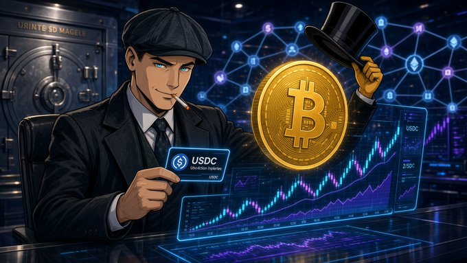 An illustrated image shows a man in a flat cap and suit smoking a cigarette and tipping a top hat while holding a large golden Bitcoin coin and a USDC card, set against a backdrop of cryptocurrency trading charts and a vault.